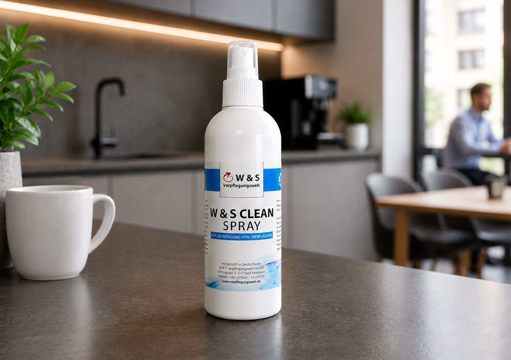 Gründliche Reinigung von Oberflächen, Geräten und Ausgabebereichen als Basis für zuverlässige Hygiene mit dem W & S CLEAN SPRAY. Gründliche Reinigung von Oberflächen, Geräten und Ausgabebereichen als Basis für zuverlässige Hygiene mit dem W & S CLEAN SPRAY.