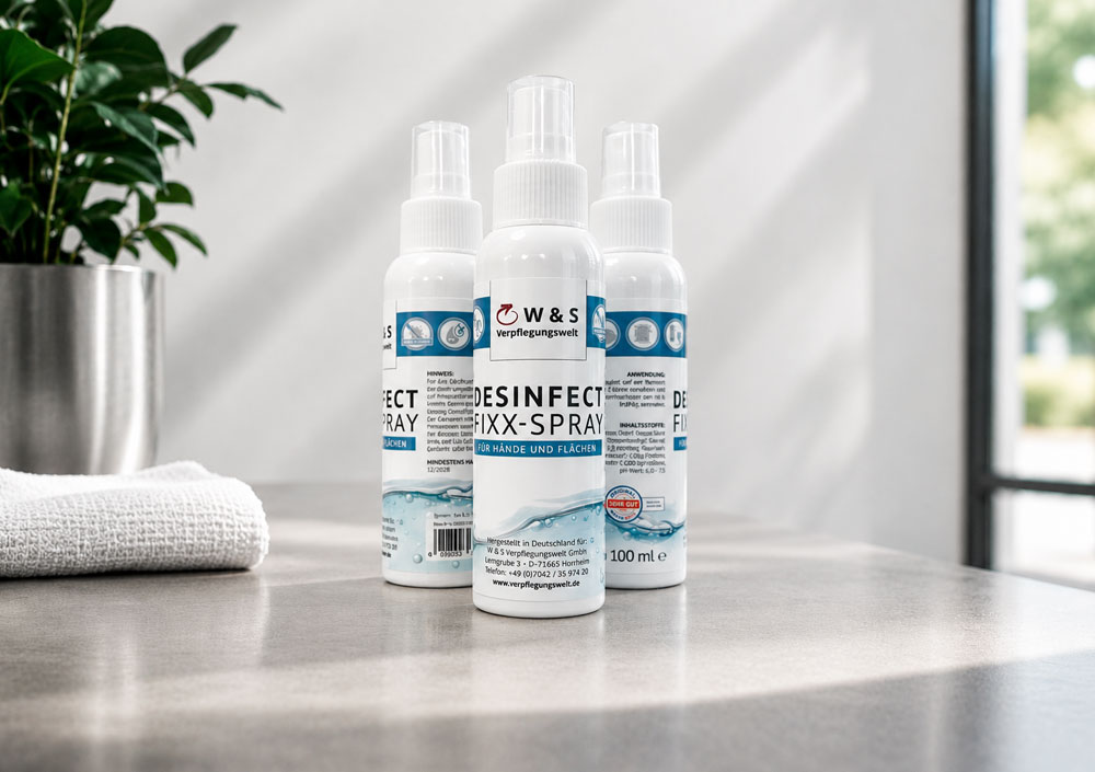 Zubehör für Wasserspender – Hygiene und Reinigung mit dem W & S DESINFECT-FIXX-SPRAY Gezielte, alkoholfreie Flächendesinfektion mit 99,999 % Wirksamkeit gegen Bakterien und Viren mit dem W & S DESINFECT FIXX-Spray.
