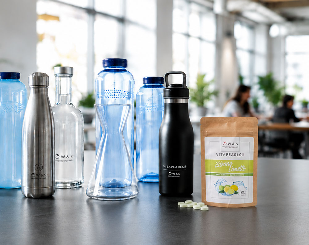 Flaschen & VitaPearls - Trinkflaschen, hochwertige Wasserkaraffen und natürlich aromatisiertes Wasser sorgen für mehr Trinkmotivation.